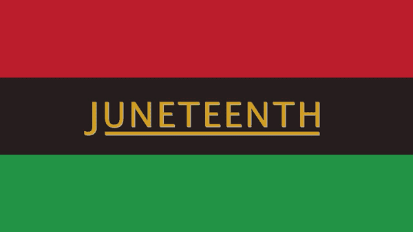 Flag made of three horizontal bars. Top is red, center is black, and bottom is green. The middle stripe has “Juneteenth” written in yellow text over it.